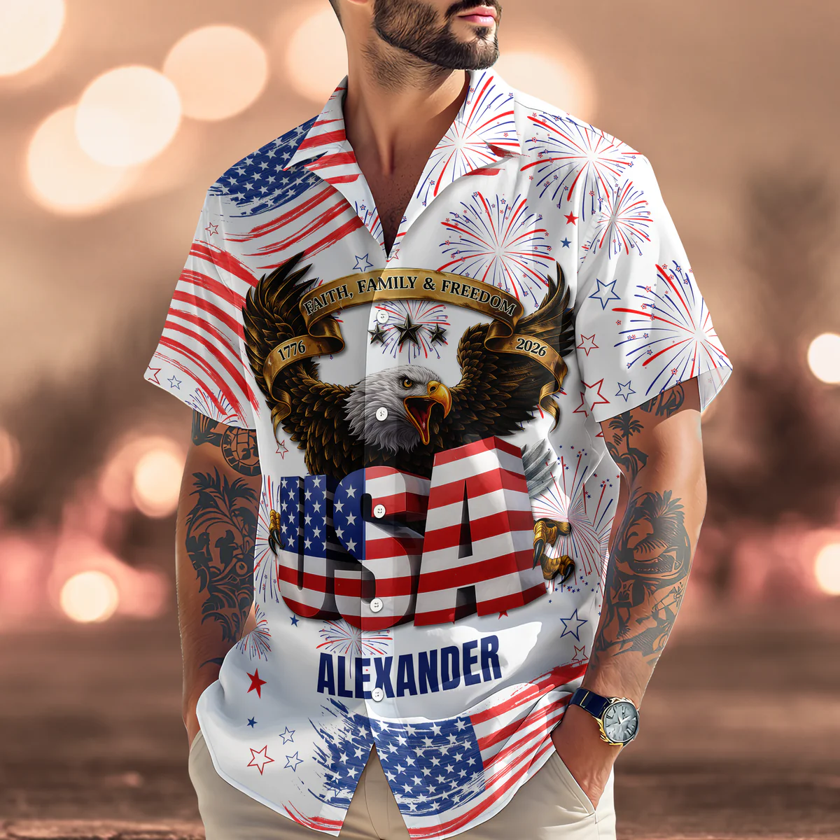 Happy Independence's Day USA Eagle Faith, Family & Freedom - Personalized Hawaiian Shirt - Gift for Dad, Husband, Grandpa HN02 - Image 2