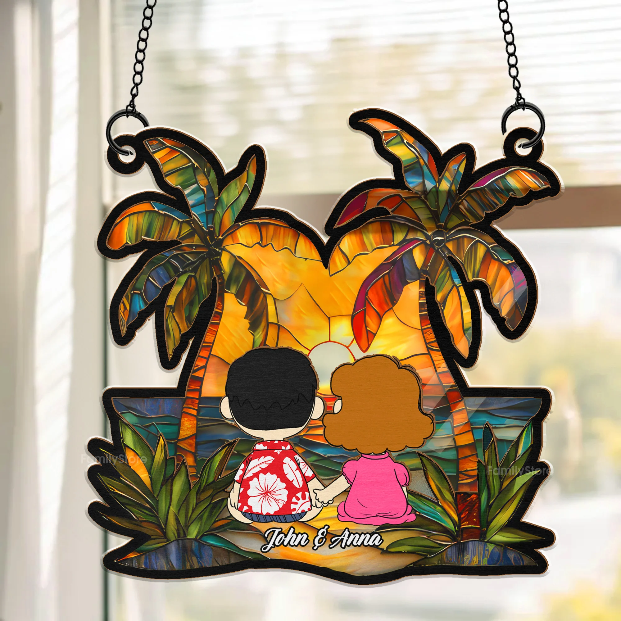 Happy Peanut On The Beach - Personalized Window Hanging Suncatcher Ornament - Gift For Couple, Husband Wife | GR16 NH96