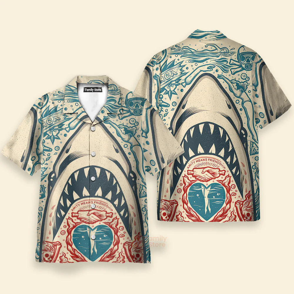 Hawaiian Great White Shark Pattern Men's Short Sleeve Top - Image 3
