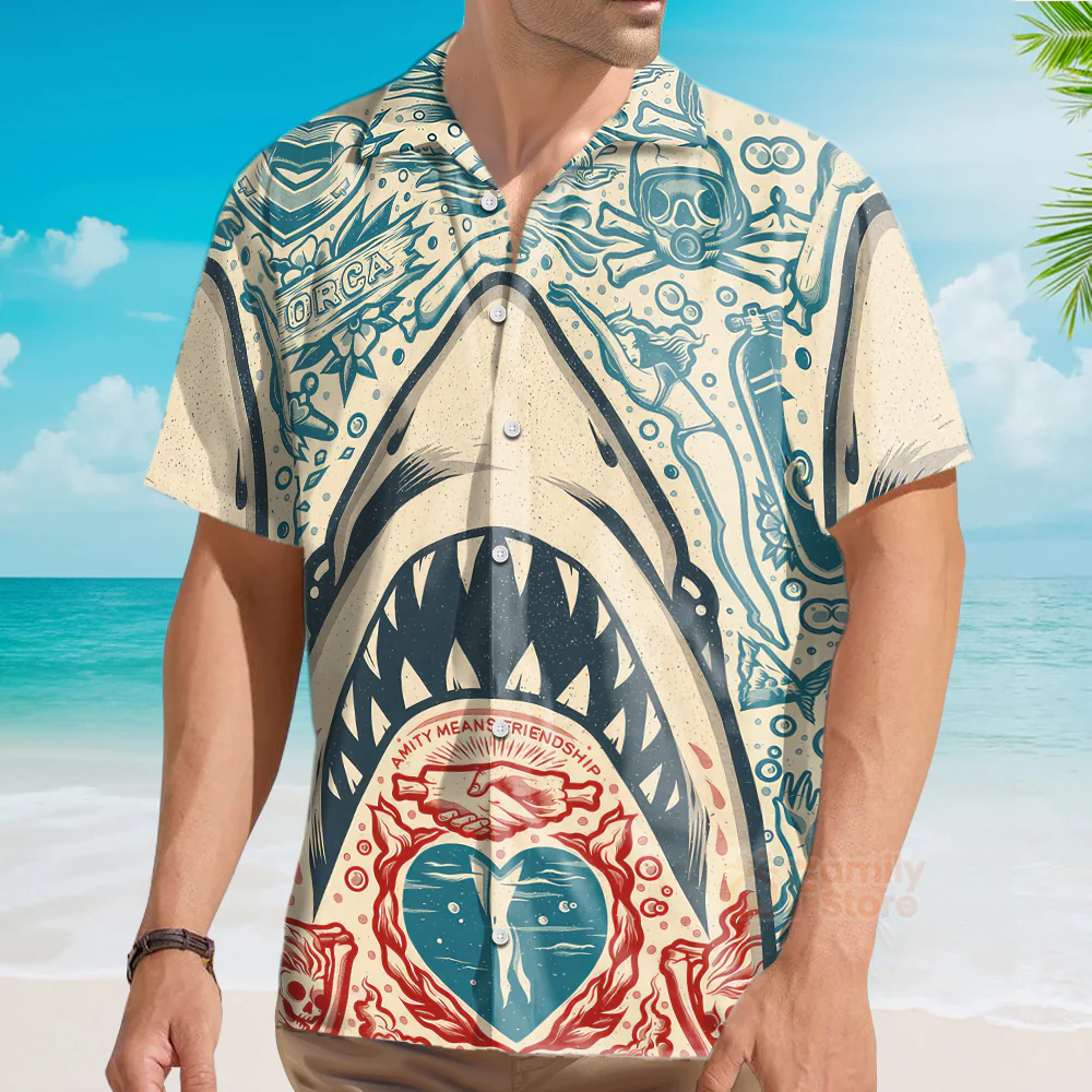 Hawaiian Great White Shark Pattern Men's Short Sleeve Top - Image 4