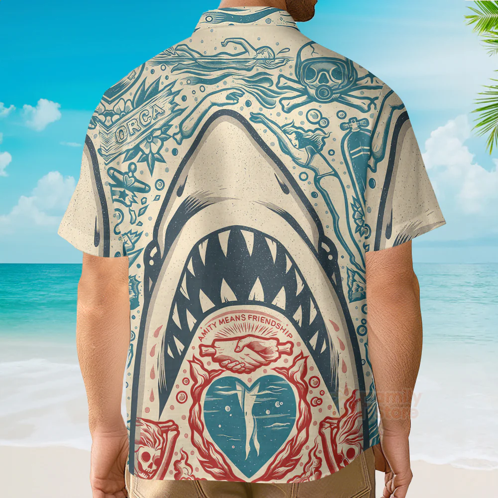 Hawaiian Great White Shark Pattern Men's Short Sleeve Top - Image 5