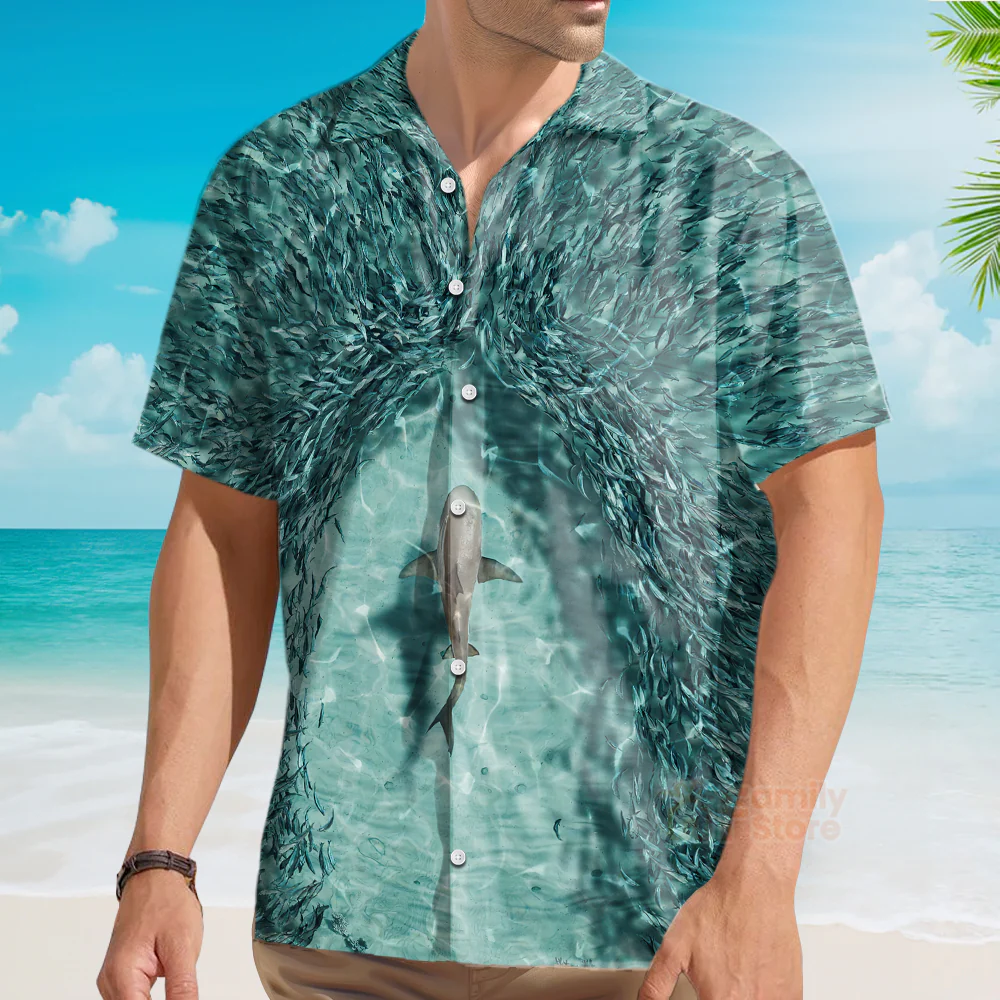 Shark Painting Pattern Men's Short Sleeve Top Hawaiian Shirt - Image 3