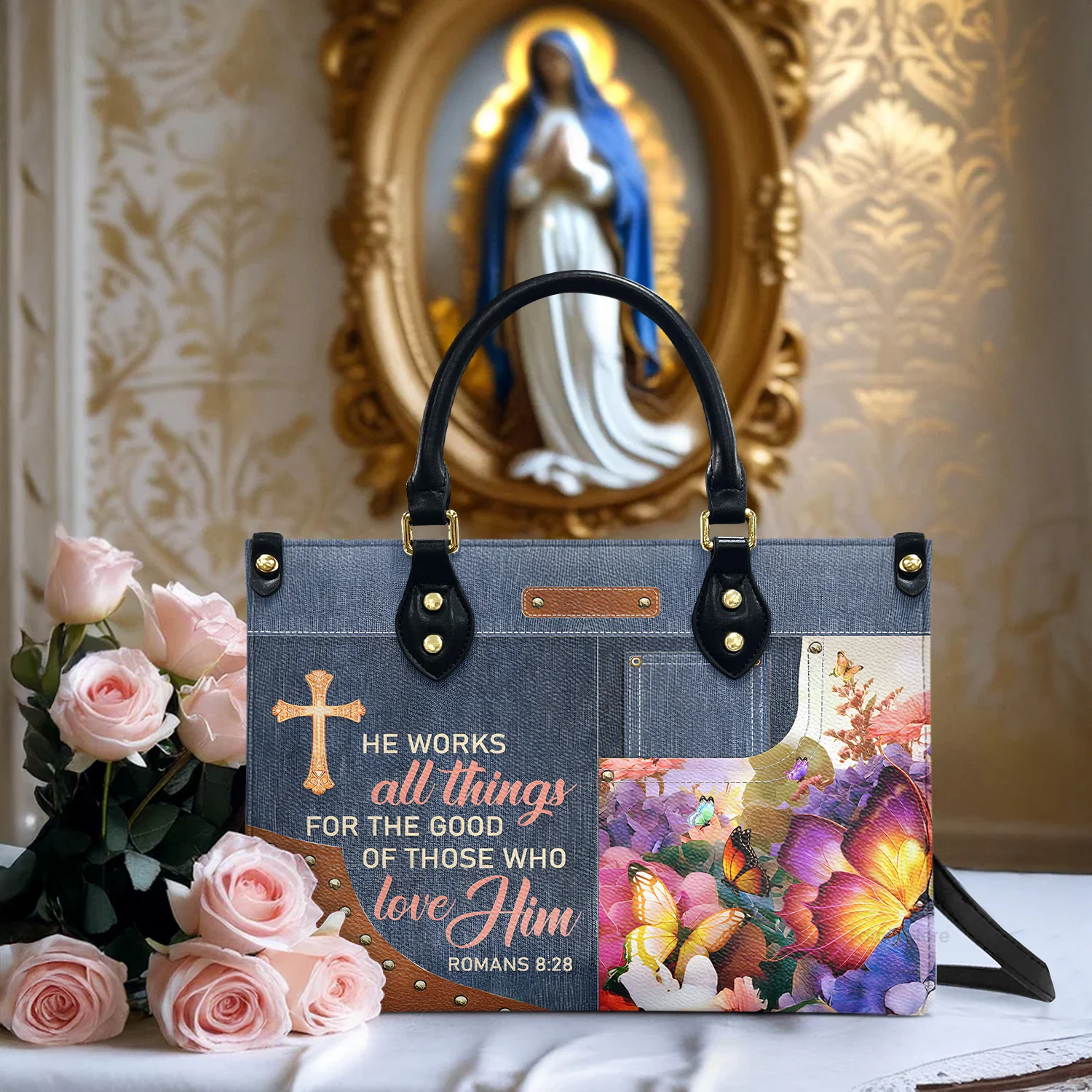 He Works All Things For The Good Of Those Who Love Him - Personalized Leather Handbag With Handle - AT4080712 - Image 2
