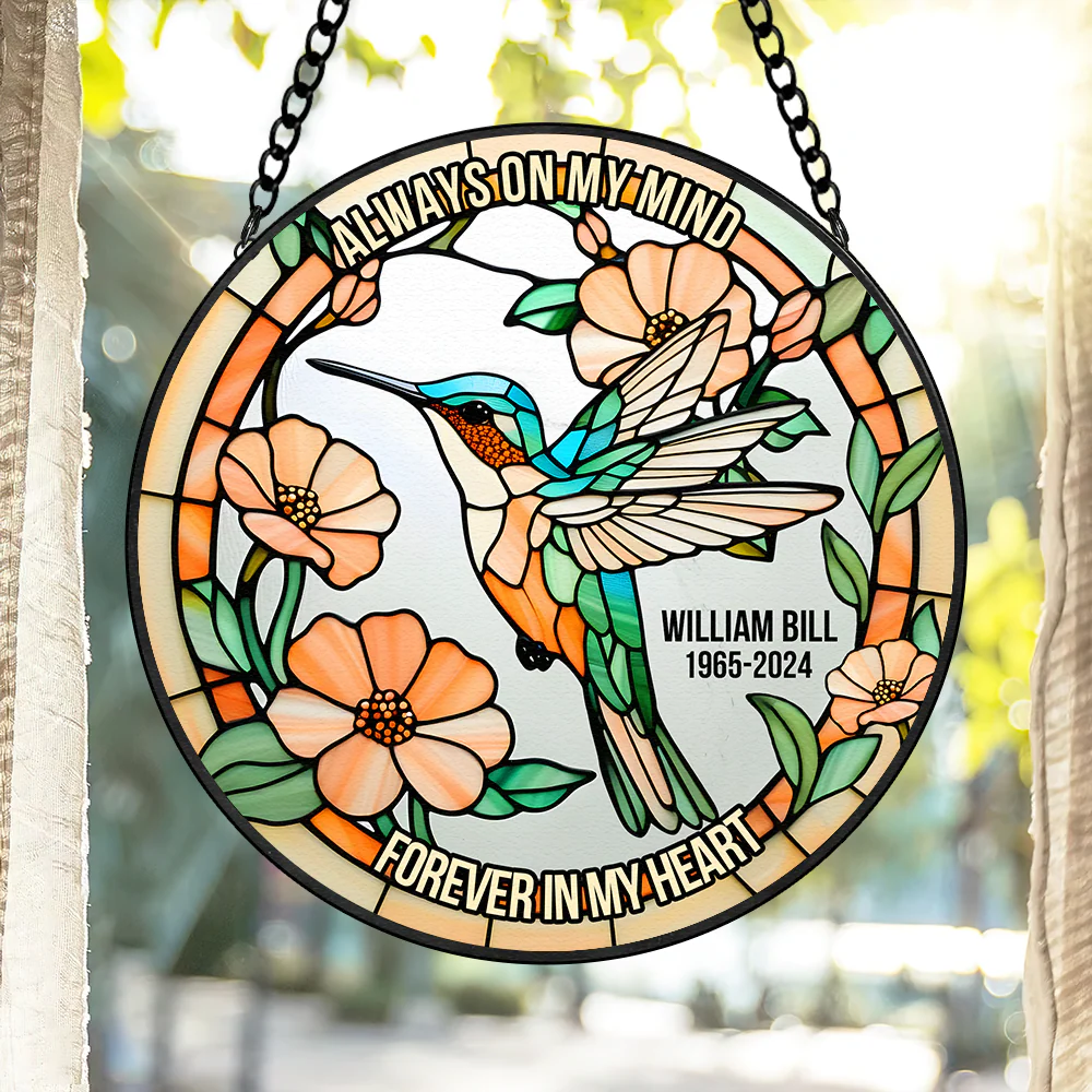 Heaven Hummingbird Always In My Heart - Personalized Stained Glass Window Hanging Suncatcher - Memorial Gift For Family Members | NA94 - Image 3