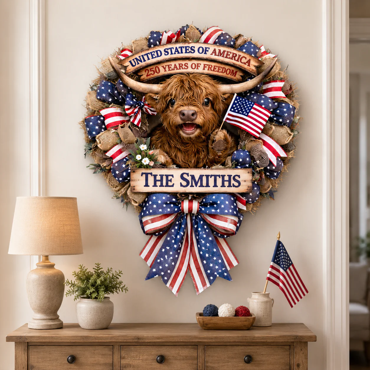 Highland Cow Celebrate 250th Anniversary - Personalized Wood Sign - Gift For Patriots - Image 2