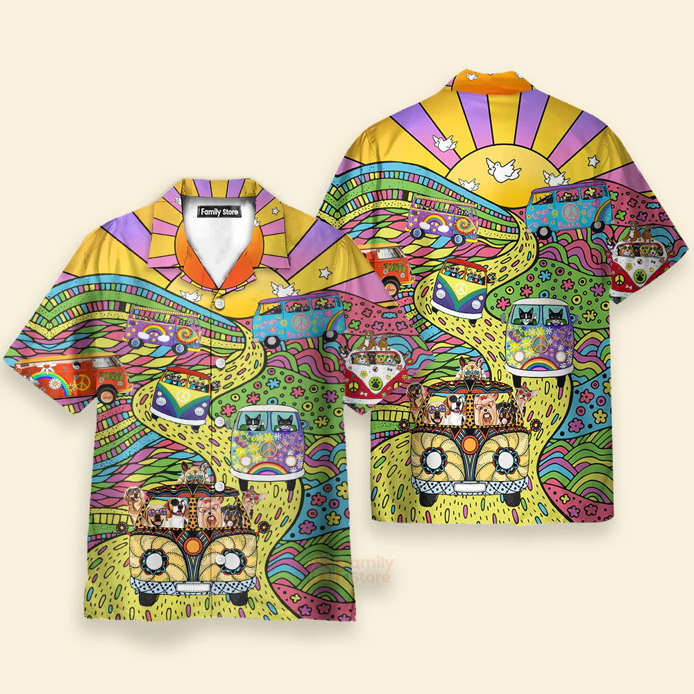 Hippie Dogs And Cats Bus Hawaiian Shirt - Image 2