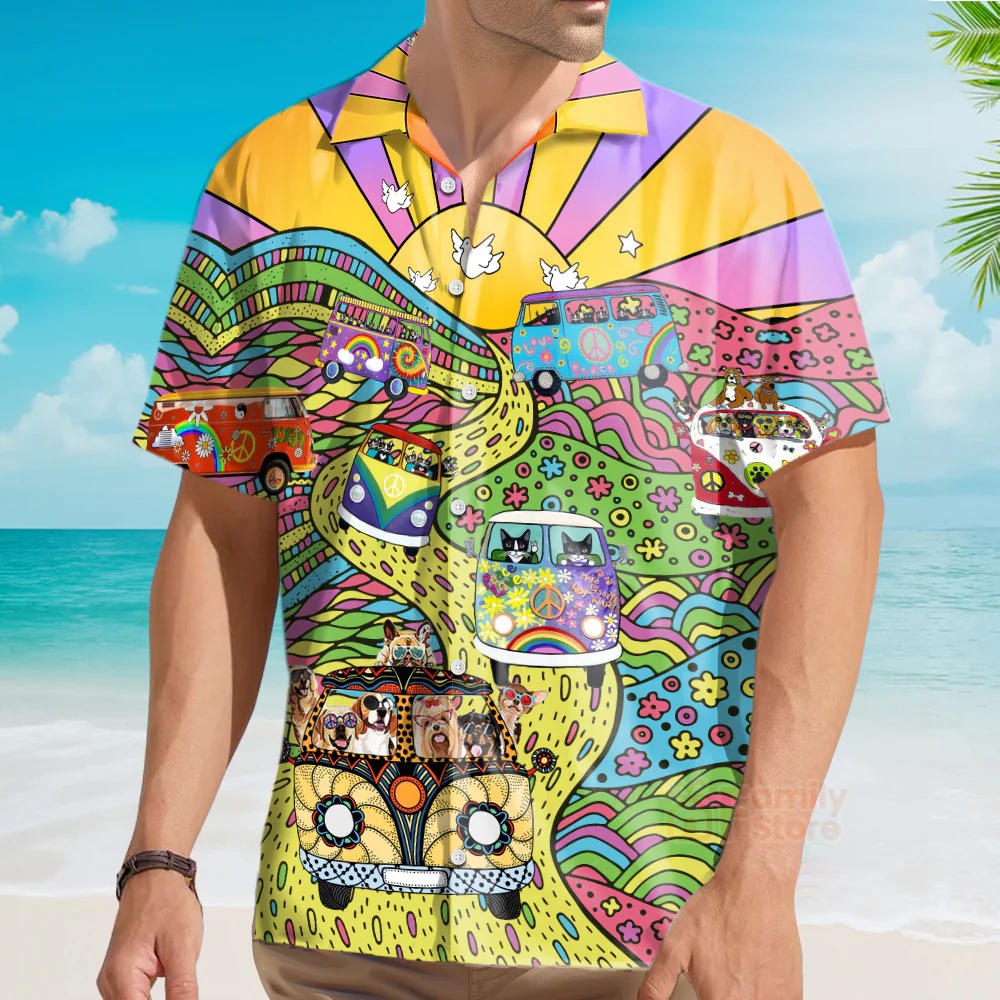 Hippie Dogs And Cats Bus Hawaiian Shirt - Image 3