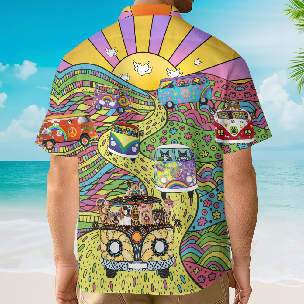 Hippie Dogs And Cats Bus Hawaiian Shirt - Image 4
