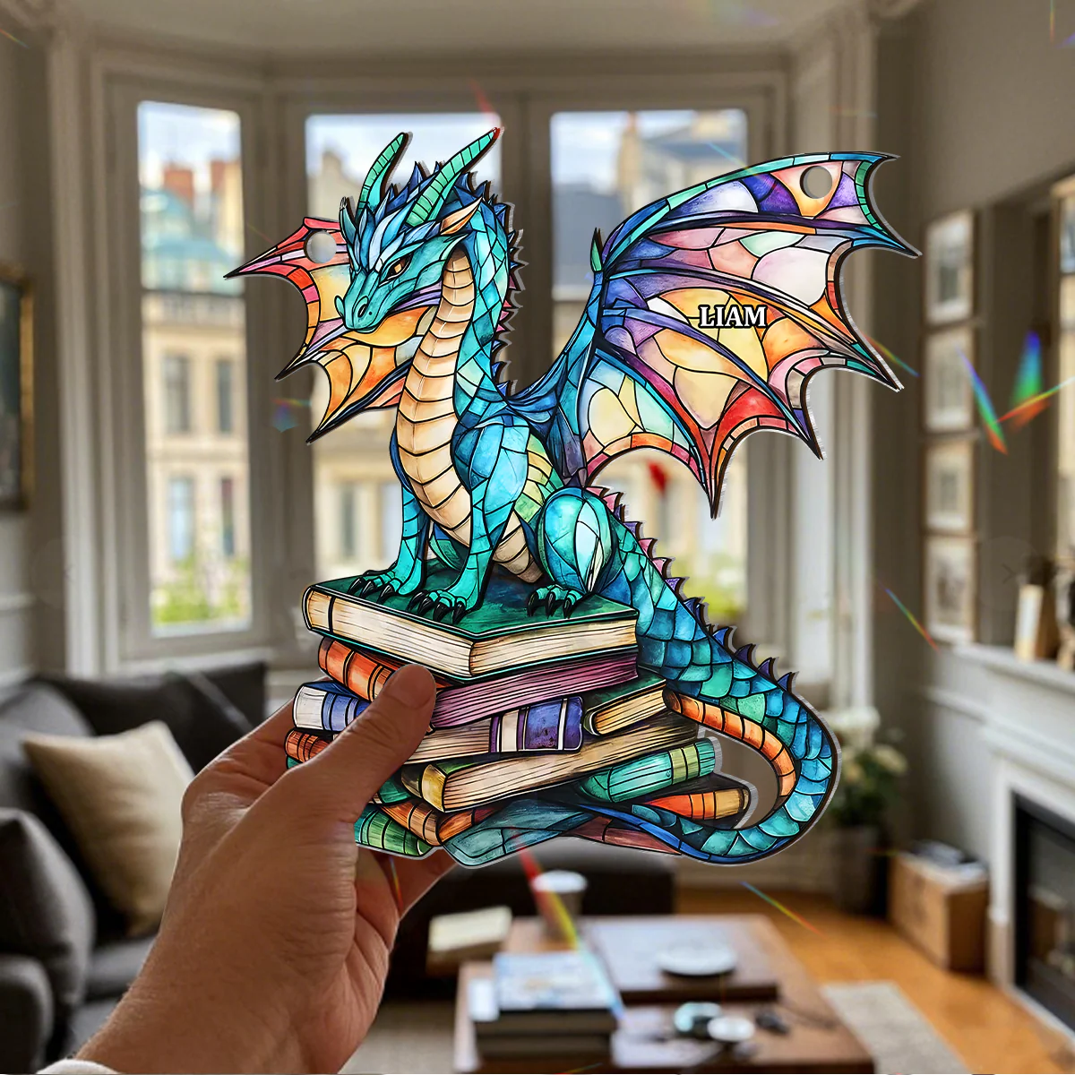 Holographic Book Dragon - Personalized Window Hanging Suncatcher - Image 3