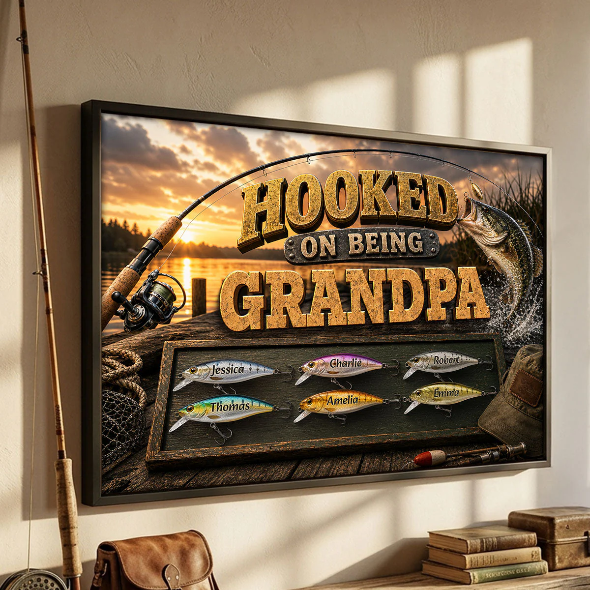 Hooked On Being Dad Grandpa Fishing - Personalized Poster Canvas - Gift For Dad