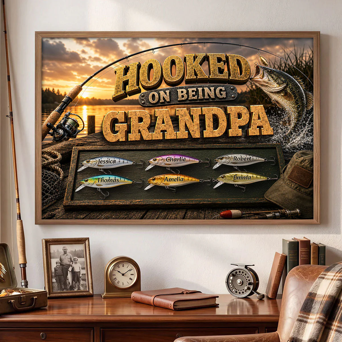 Hooked On Being Dad Grandpa Fishing - Personalized Poster Canvas - Gift For Dad - Image 2