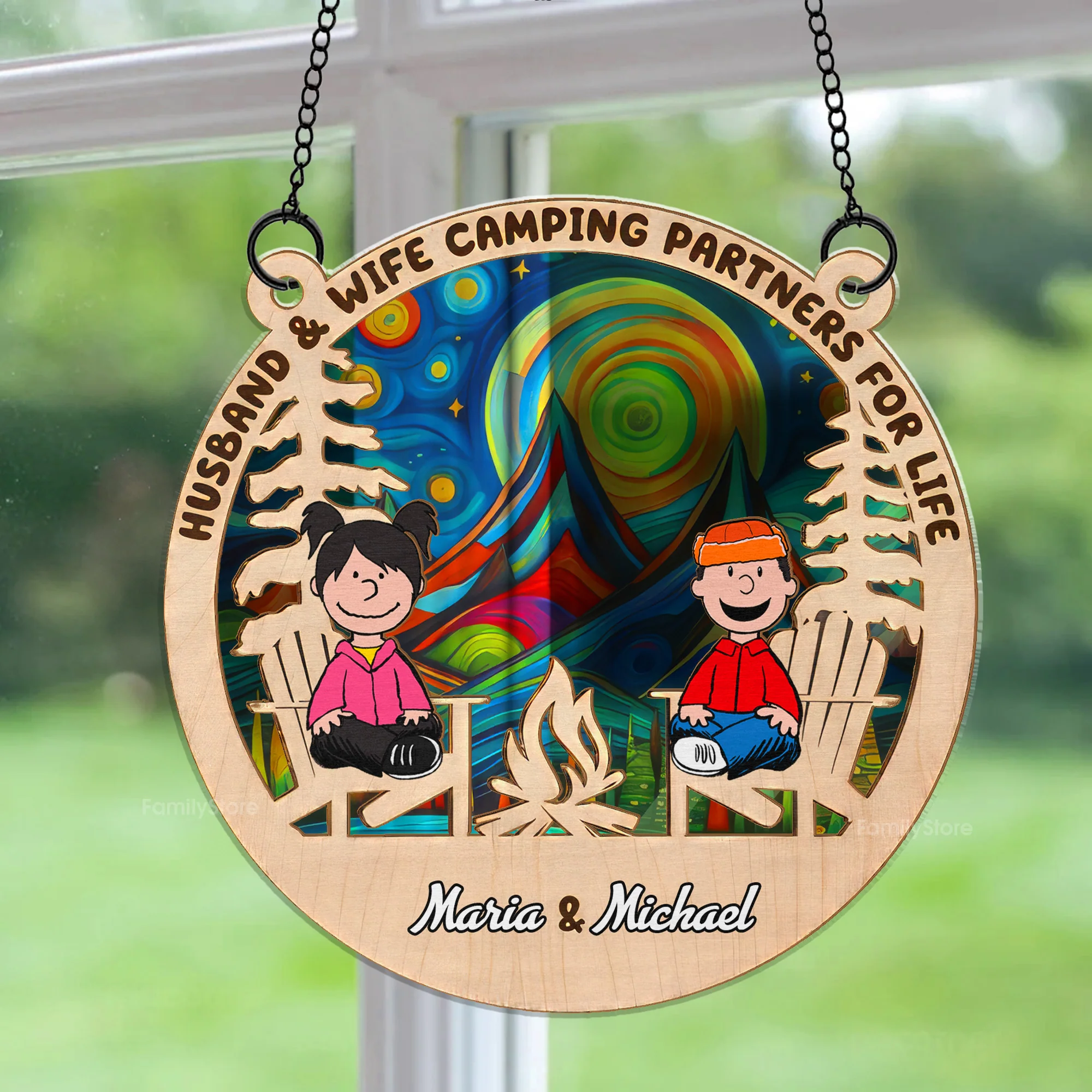 Husband And Wife Camping Partners For Life Peanut - Personalized Window Hanging Suncatcher Ornament - Gift For Camping Lovers | GR11 NH96