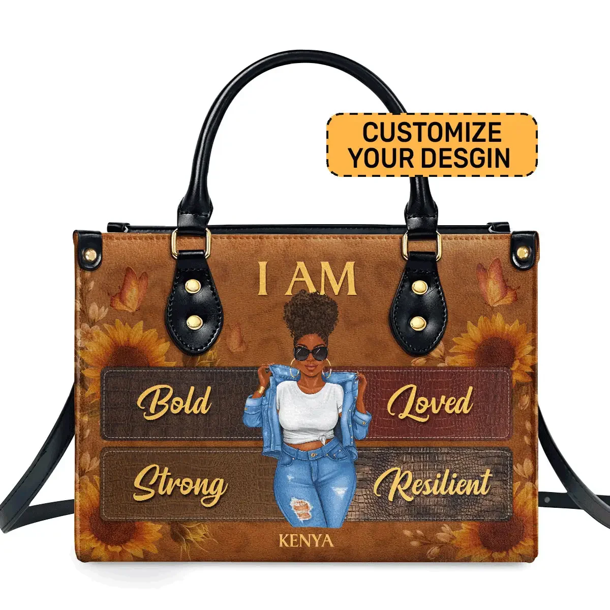 I Am Bold Strong Loved Tote - Personalized Afro Leather Handbag - Empowerment Gift For Black Women | GR3 HD95