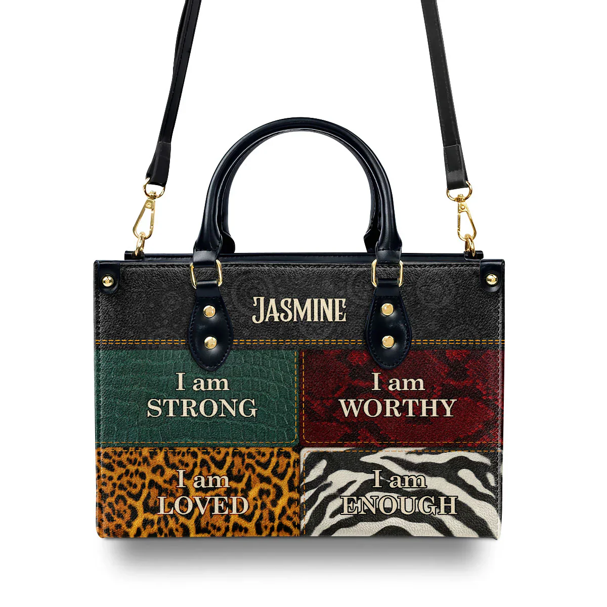I Am Strong Worthy Loved Tote - Animal Print Leather Handbag - Personalized Gift For Black Women HD95 - Image 4