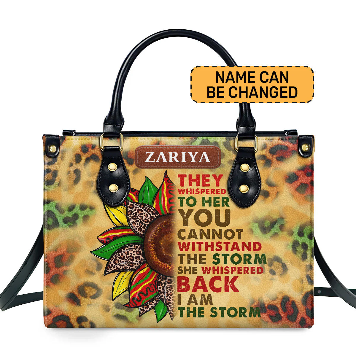 I Am the Storm Leopard Sunflower Print - Personalized Leather Handbag - Empowerment Gift For Her | HD95