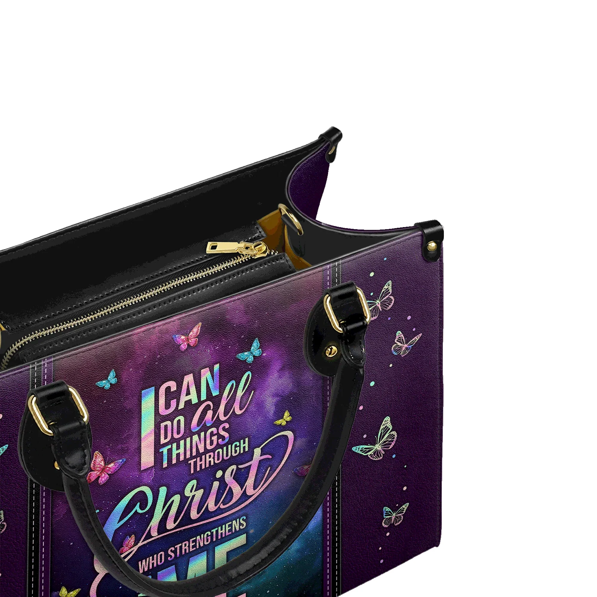 I Can Do All Things Through Christ Butterfly Colorful - Christian Leather Handbag - Image 2