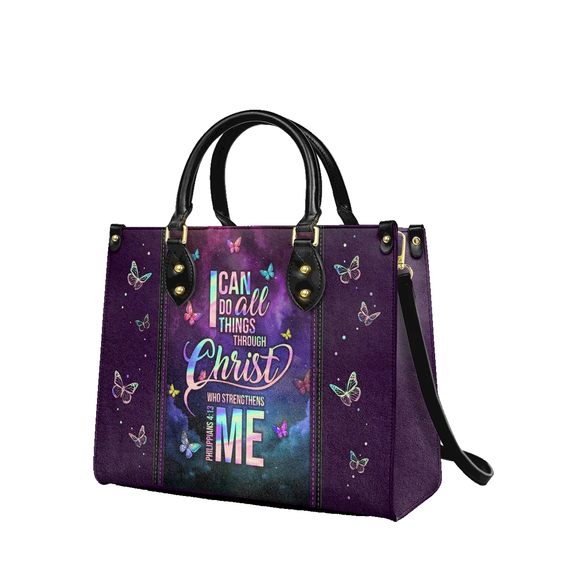I Can Do All Things Through Christ Butterfly Colorful - Christian Leather Handbag - Image 3