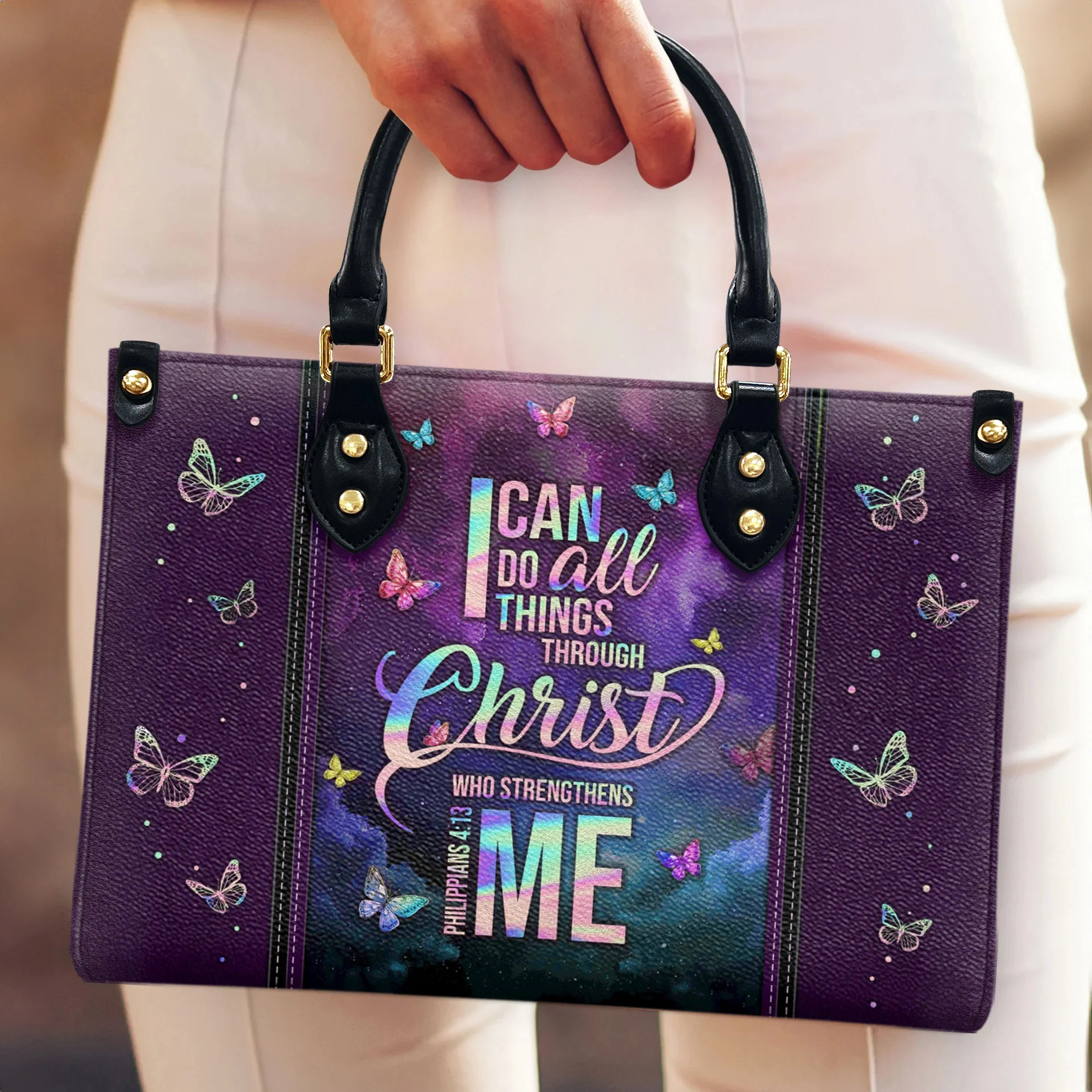I Can Do All Things Through Christ Butterfly Colorful - Christian Leather Handbag - Image 5