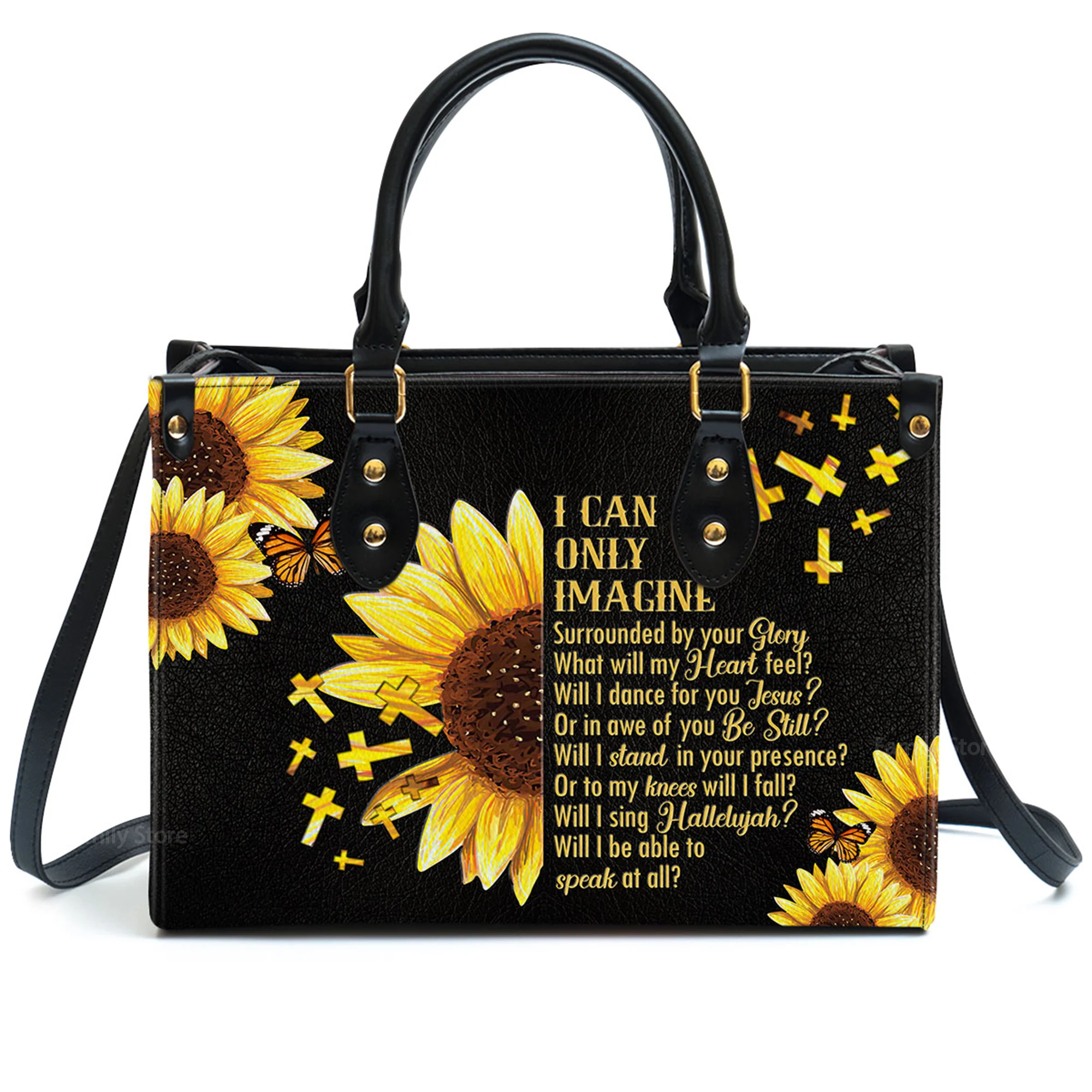 I Can Only Imagine Sunflower And Cross - Personalized Leather Handbag With Handle - AT4080914 - Image 2