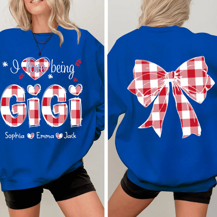 I Love Being Gigi Bow Buffalo Plaid - Personalized Sweatshirt With Design On Sleeve -  Meaningful Gifts For Grandma, Mom, Wife | Custom Sleeve NH96 - Image 10