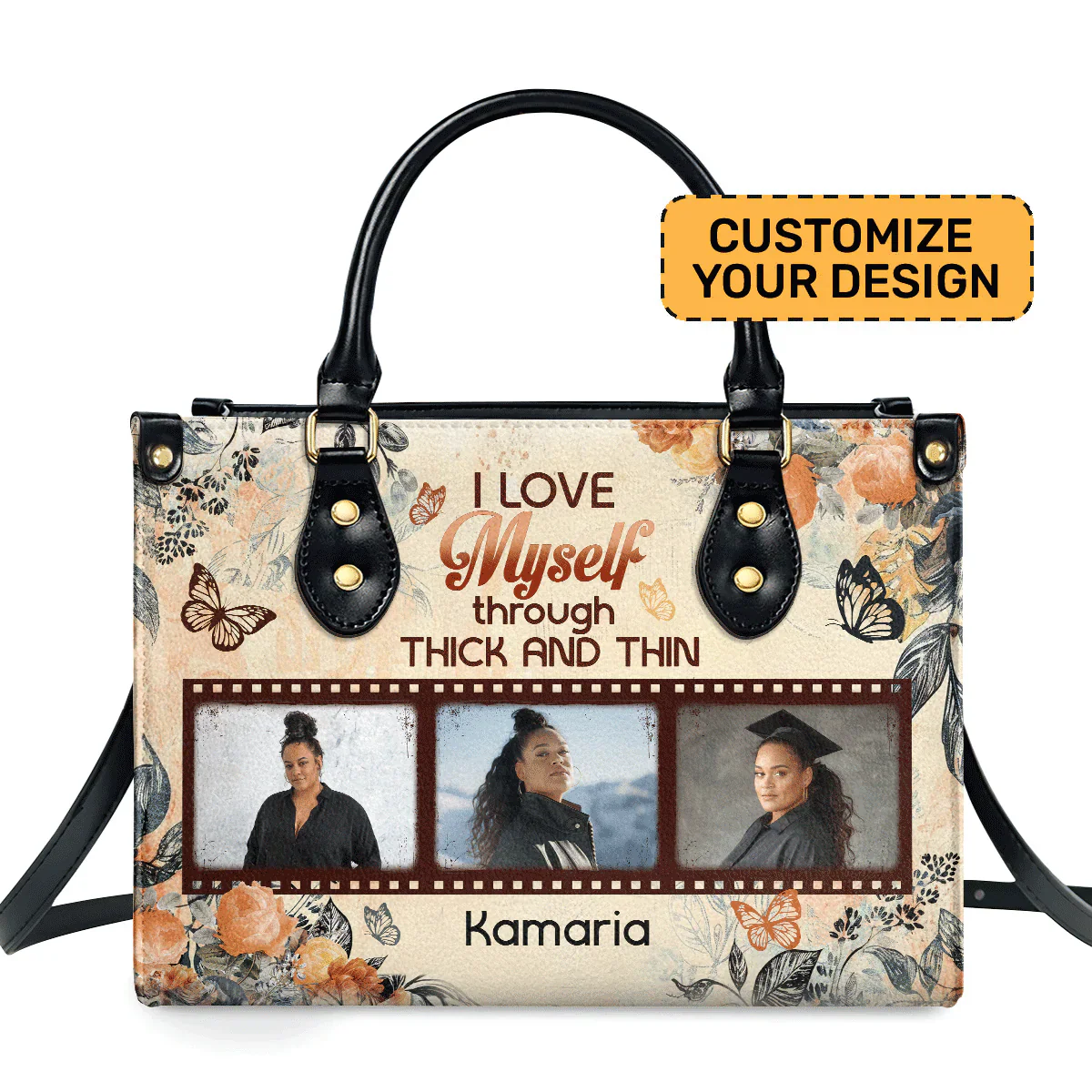 I Love Myself Tote with Photos - Custom Photo Leather Handbag - Gift For Black Women | HD95
