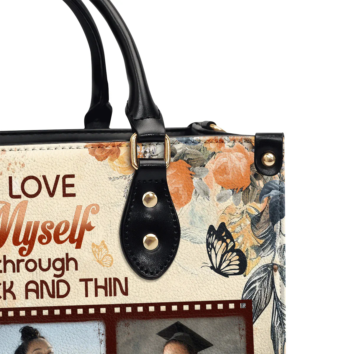 I Love Myself Tote with Photos - Custom Photo Leather Handbag - Gift For Black Women | HD95 - Image 5