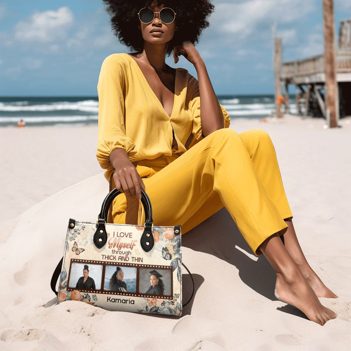 I Love Myself Tote with Photos - Custom Photo Leather Handbag - Gift For Black Women | HD95 - Image 6