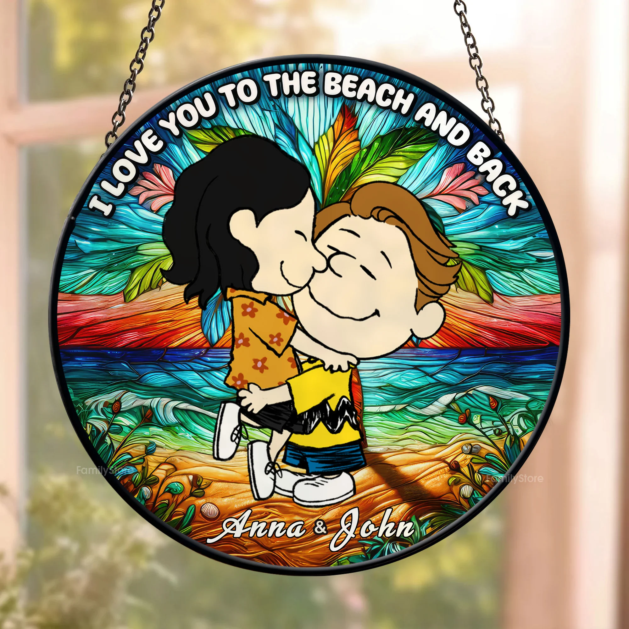I Love You To The Beach And Back Peanut - Personalized Stained Glass Window Suncatcher - Gift For Couple, Husband Wife | GR8 NH96