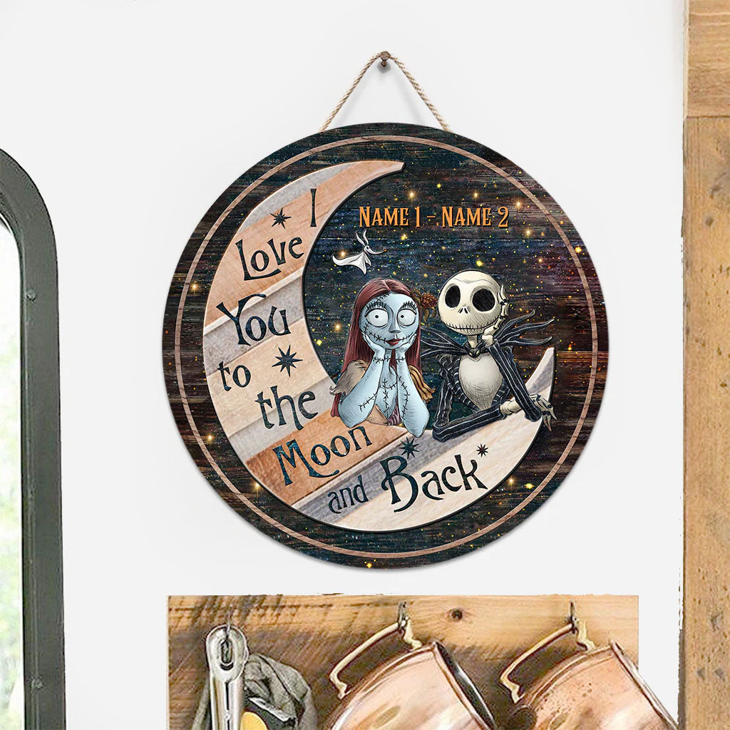 I Love You To The Moon And Back Skeleton Couple - Personalized Round Wood Sign NL122 - Image 3