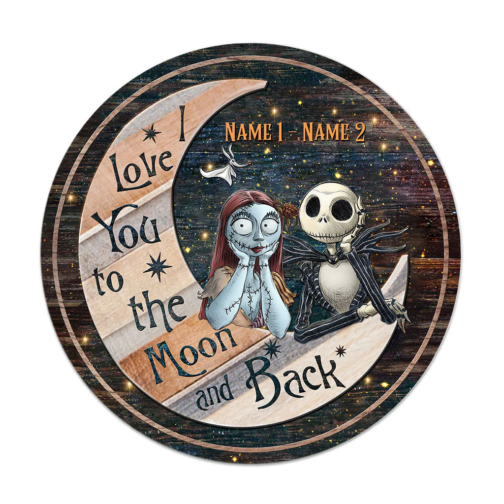 I Love You To The Moon And Back Skeleton Couple - Personalized Round Wood Sign NL122 - Image 5