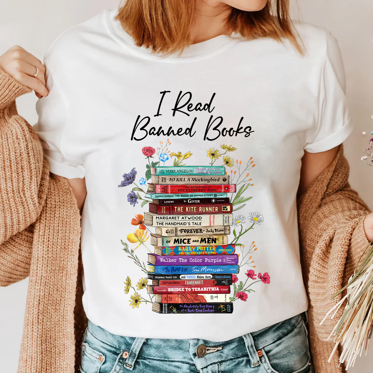 I Read Banned Books Flowers Book Lover Gift T-Shirt - Image 2