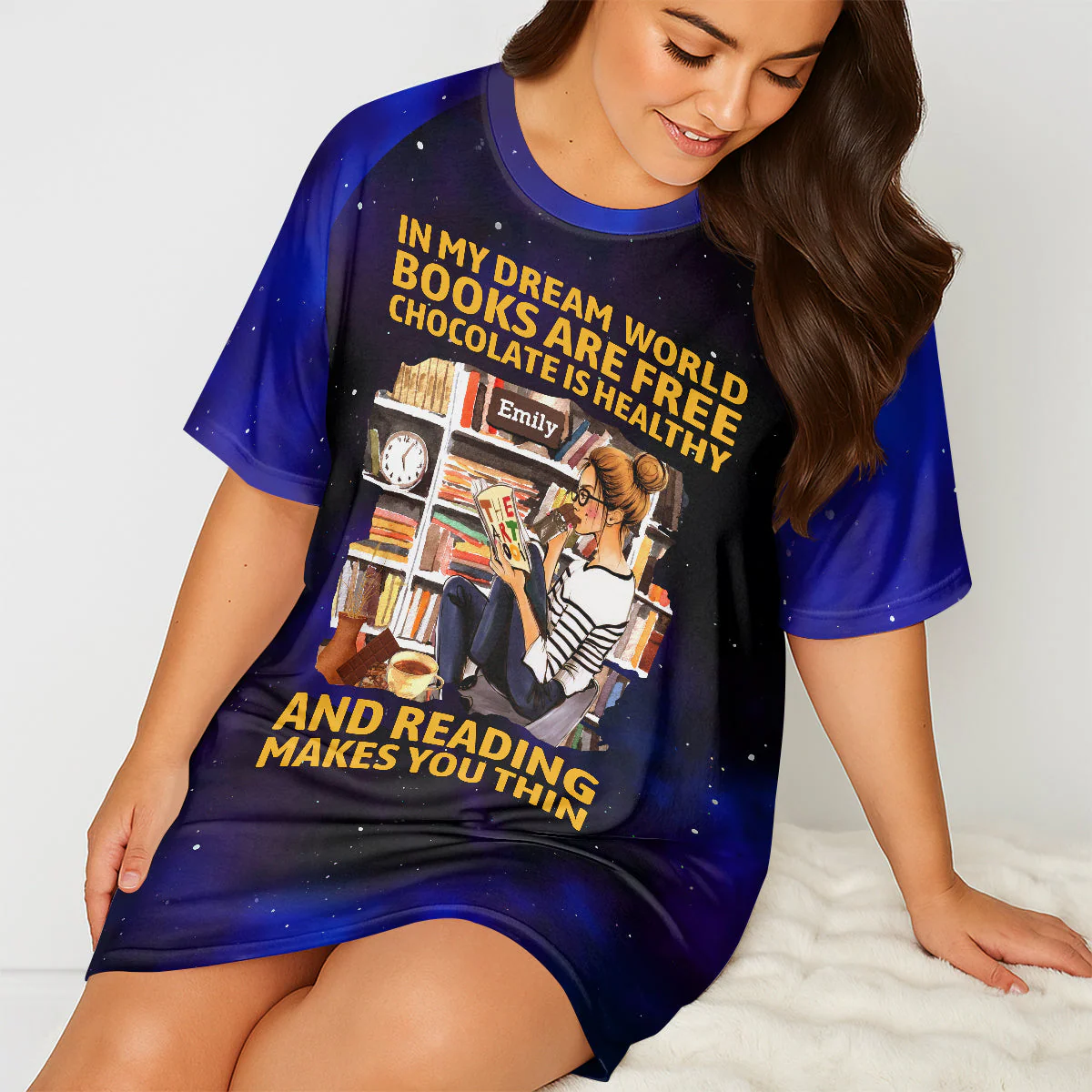 In My Dream World Books Are Free Chocolate Is Healthy And Reading - Personalized Sleep Tee - Image 3