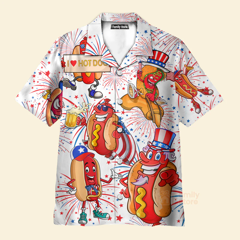 Independence Day 4th of July Funny Hot Dog American Flag Aloha - Hawaiian Shirts