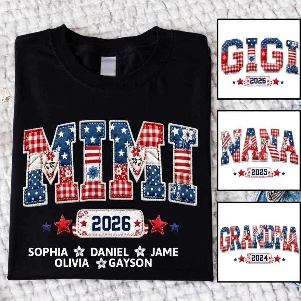 Independence Doodle Mimi And Grandkids Name - Personalized Shirt - Patriotic Gift For Mom, Grandma