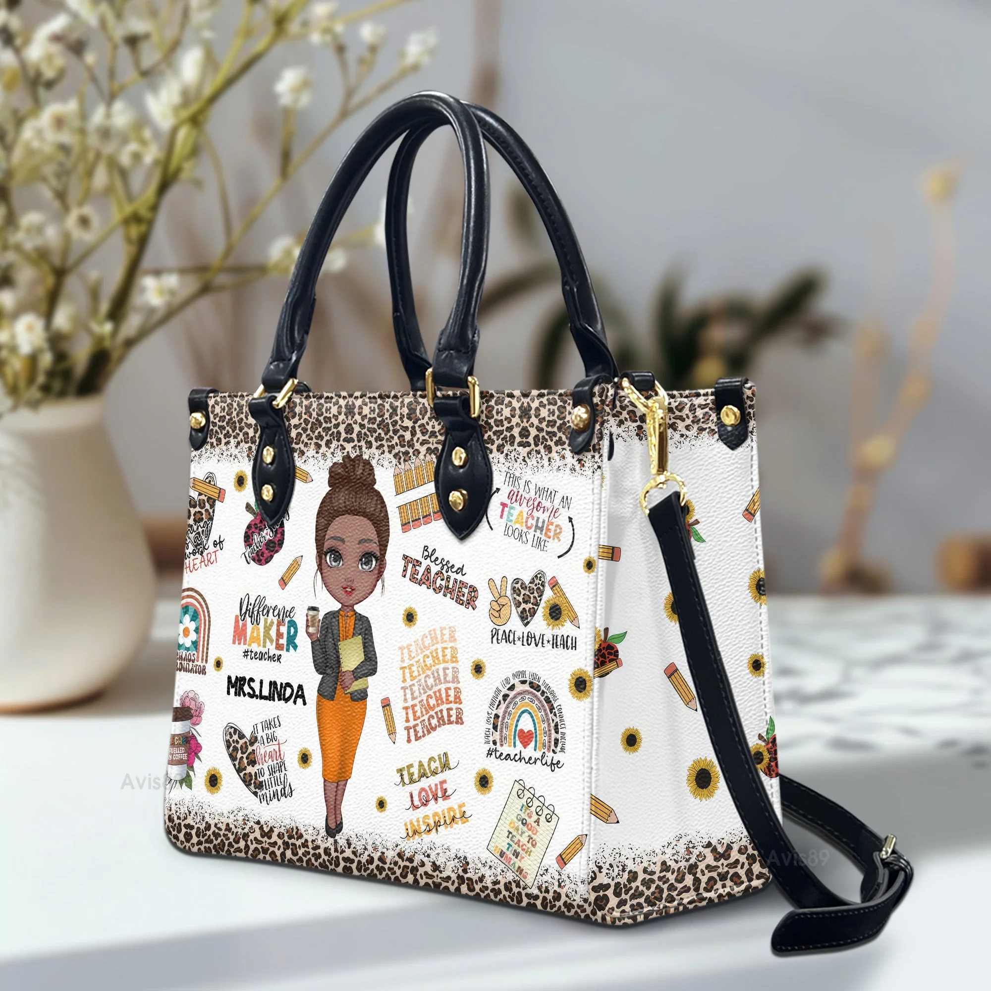 Inspirational Quote & Cute Teacher Design - Personalized Leather Handbag - Gift For Teacher's Day | CLTC01 HD95 - Image 2