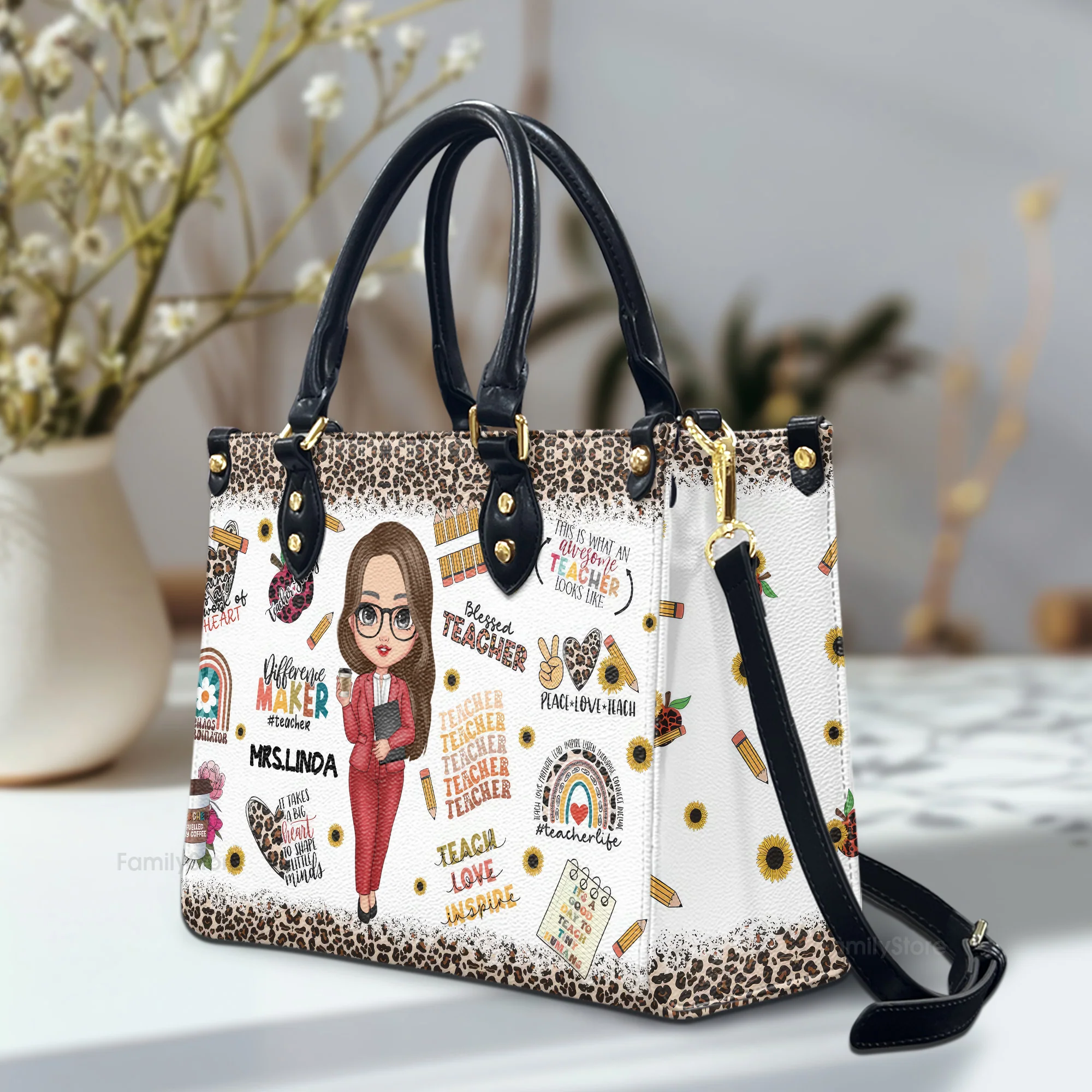 Inspirational Quote & Cute Teacher Design - Personalized Leather Handbag - Gift For Teacher's Day | CLTC01 HD95 - Image 2