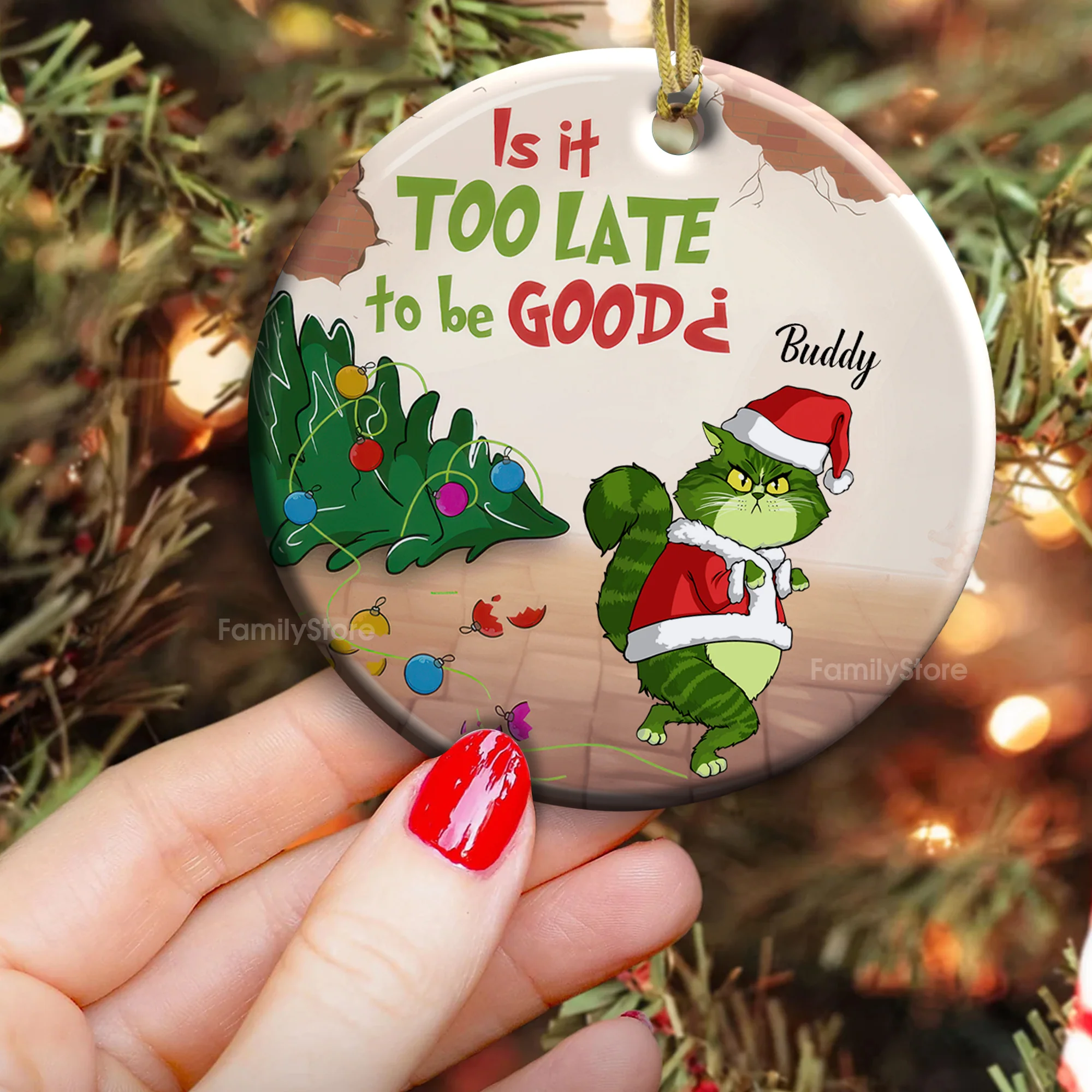 Grinch Is It Too Late To Be Naughty - Gift For Cat Lover, Pet Lovers - Personalized Ceramic Ornament - CL16 - Image 3