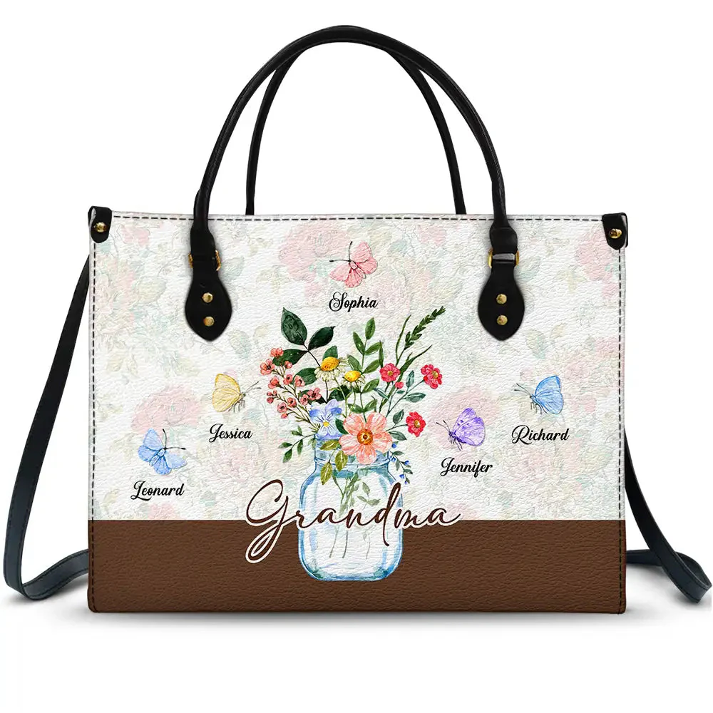 Jar Of Flowers And Butterfly Grandkids  - Personalized Leather Bag - Gift For Mother, Grandma, Grandmother, Mother's Day NA94