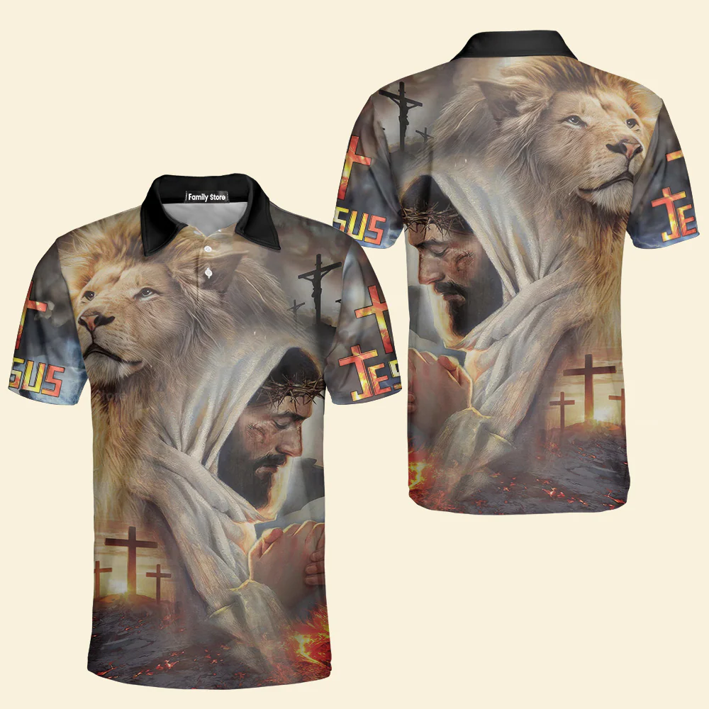 Jesus Praying And Lion Polo Shirt For Men - Image 4