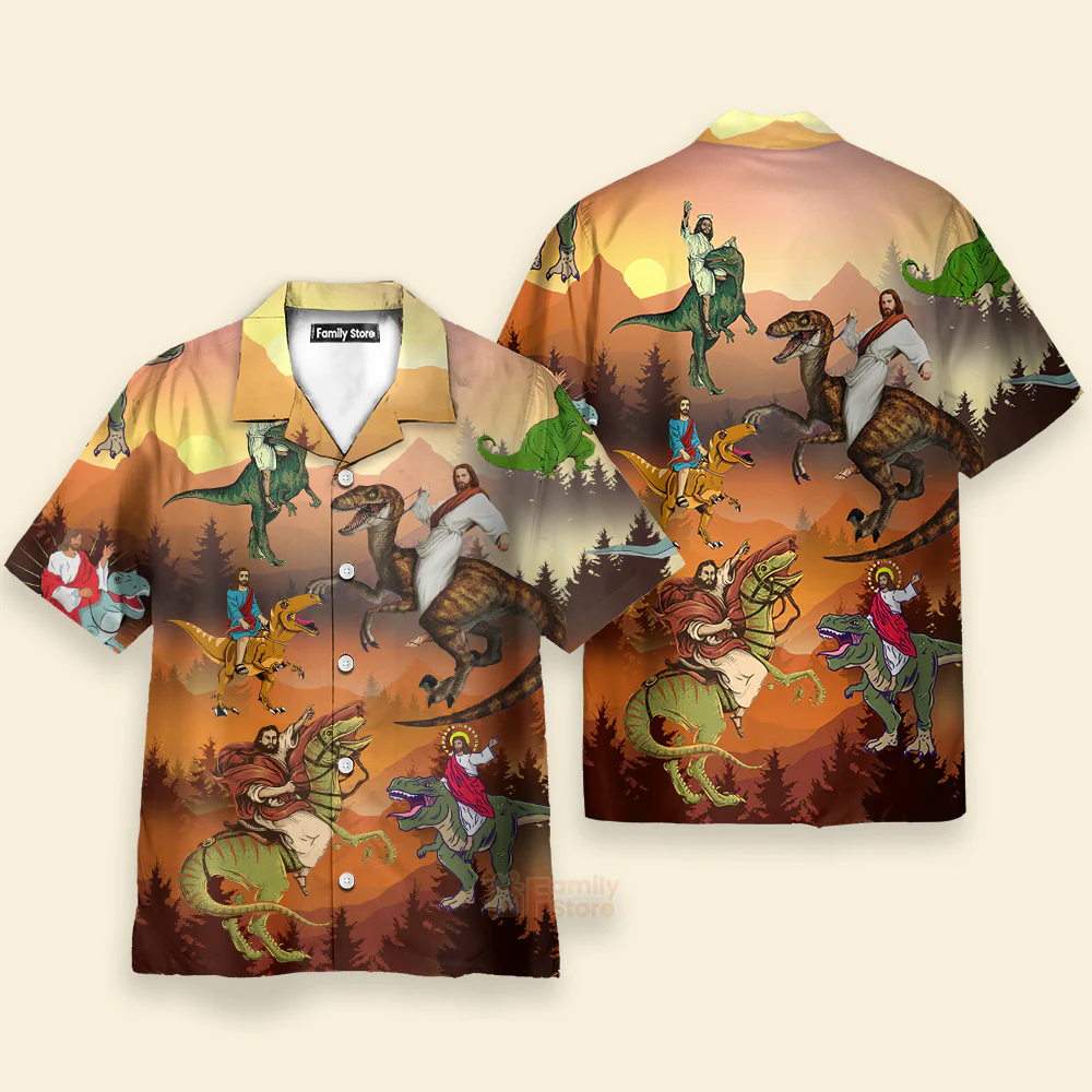 Jesus Rides A Dinosaur Hawaiian Shirt - Image 2