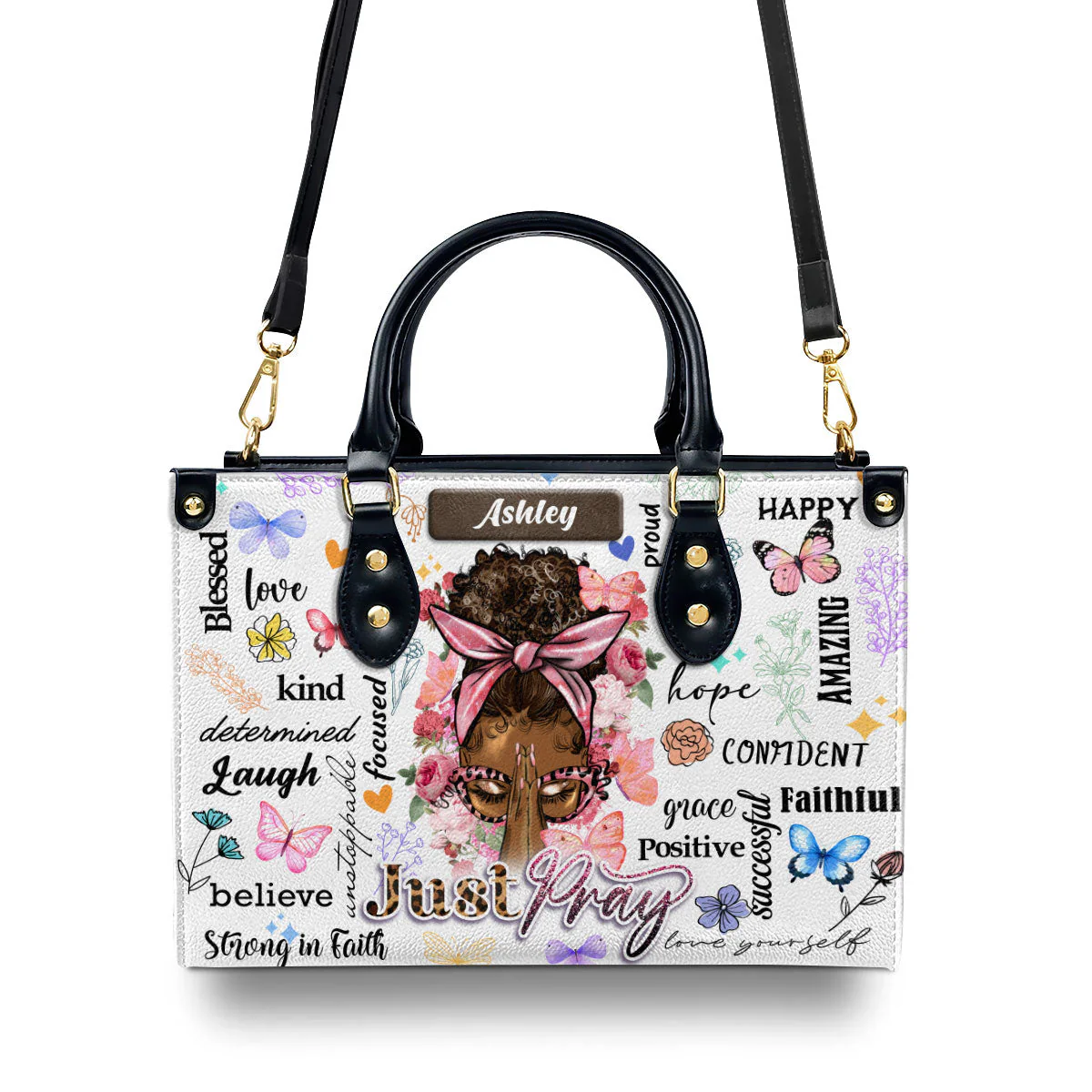 Just Pray Butterfly Floral Purse - Personalized Leather Handbag - Gift For Women HD95 - Image 3