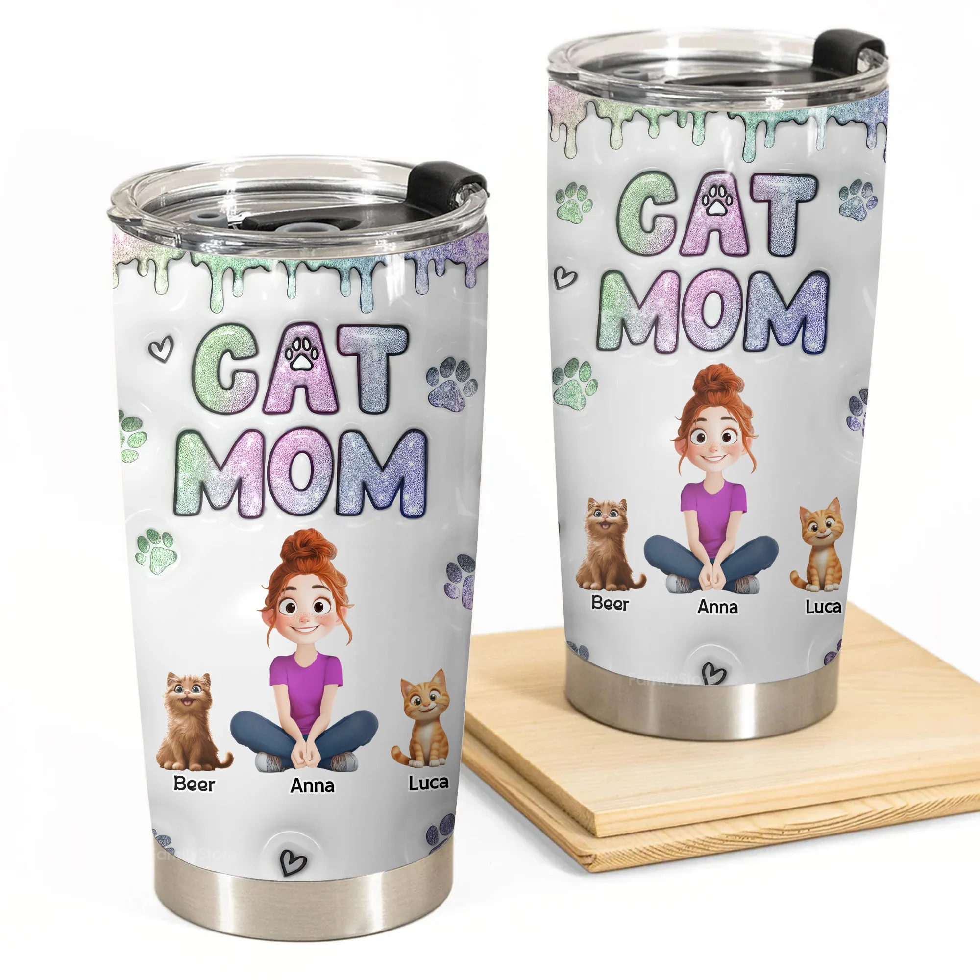 Lovely Chibi Cat Mom 3D Inflated Effect Cartoon Cat - Personalized Tumbler Cup - Gift for Pet Owners, Pet Lovers, Cat Mom | CLP15 NH96