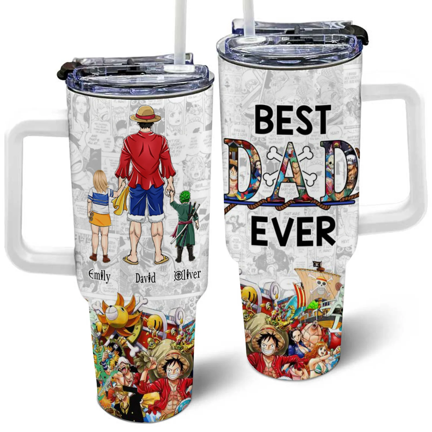 OnPi Pirate Adventure Luffy And The Adventure With His Kids - Gift For Dad, Husband, Father's Day - Personalized 40oz Tumbler Cup With Straw CL11 NA94 - Image 3