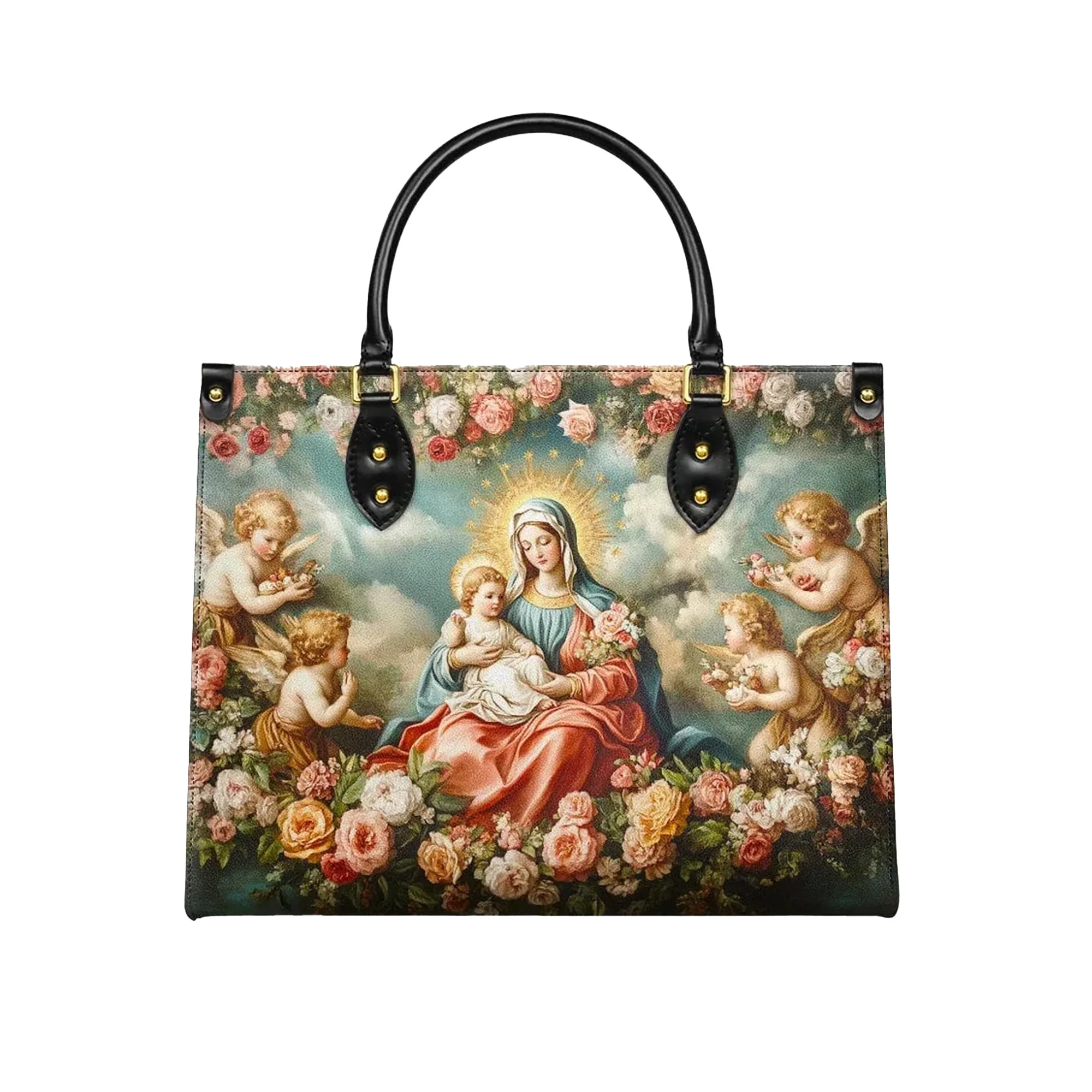 Madonna and Child Angel Halo Of Roses - Christian Leather Handbag