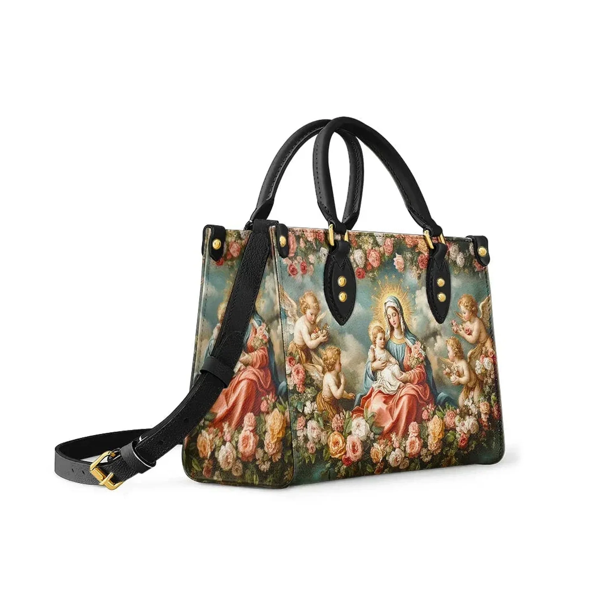 Madonna and Child Angel Halo Of Roses - Christian Leather Handbag - Image 2