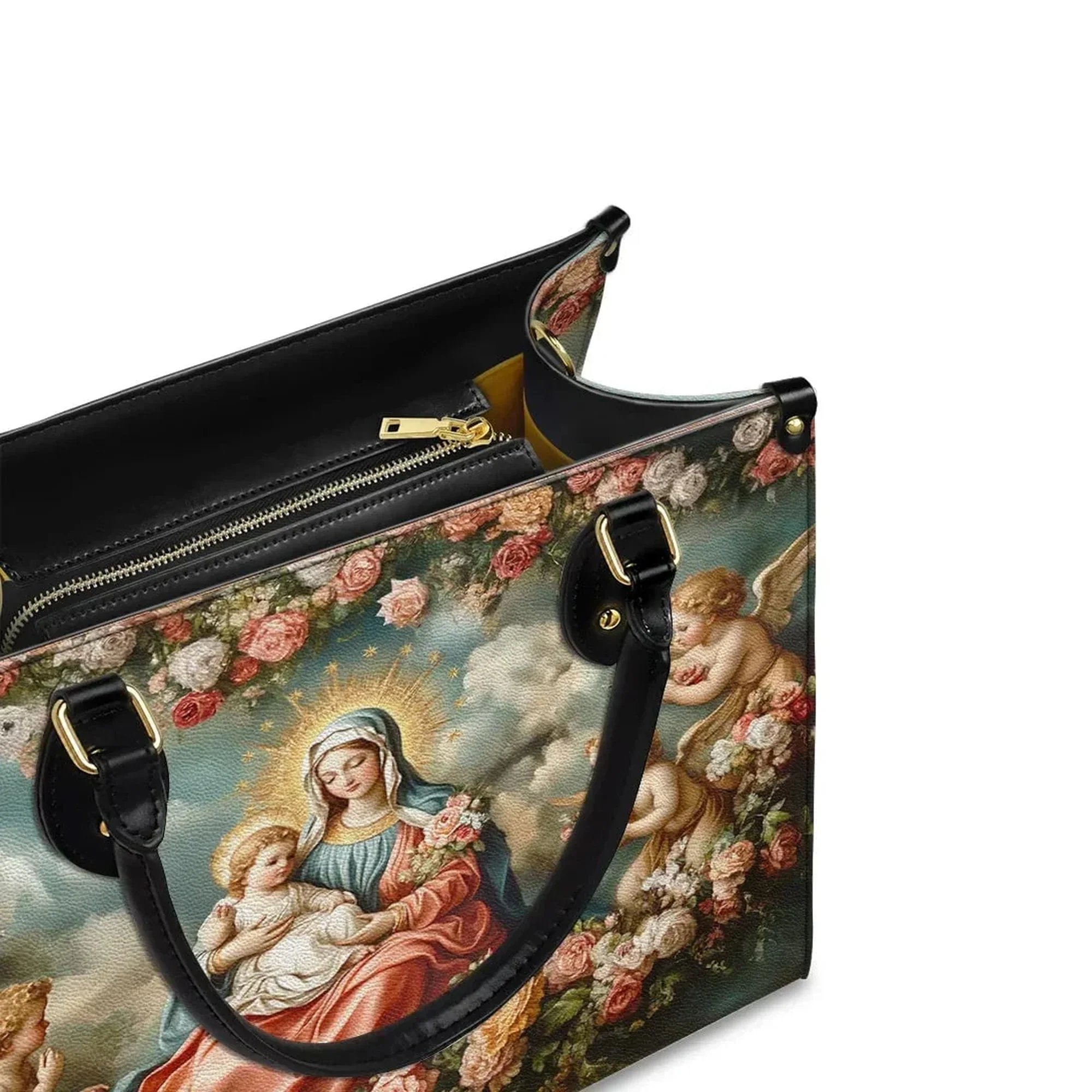 Madonna and Child Angel Halo Of Roses - Christian Leather Handbag - Image 3