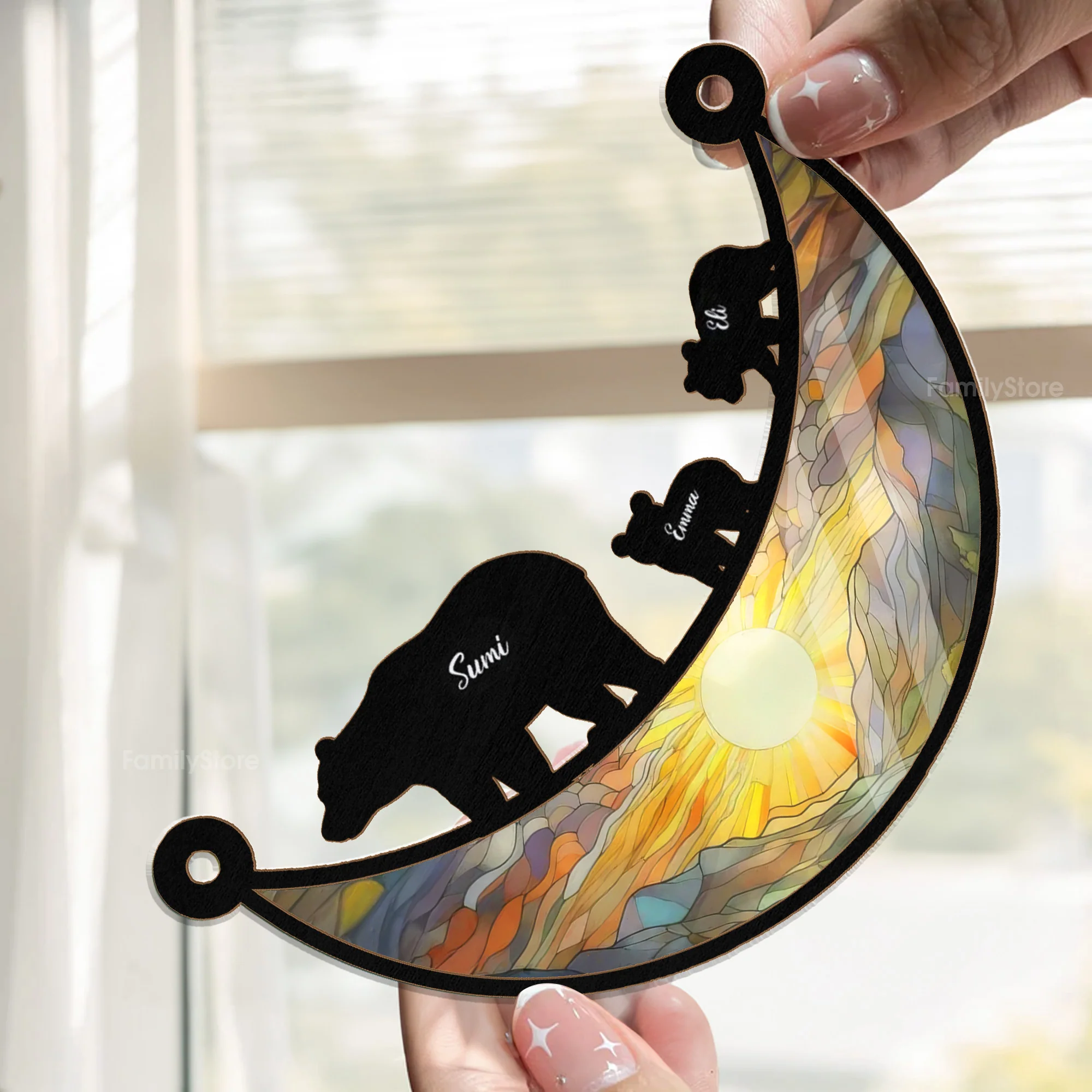 Mama Bear On The Moon - Personalized Window Hanging Window Hanging Suncatcher Ornament - Gift For Mom, Grandma, Mother's Day NA94 - Image 2