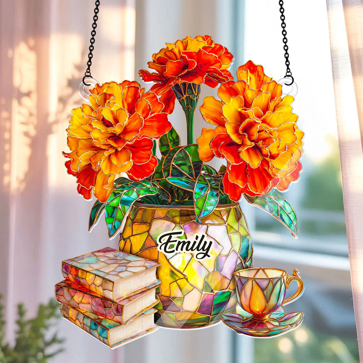 Marigold, Books, And Tea - Personalized Acrylic Suncatcher - Gift For Her, Book Lovers HH01 - Image 3