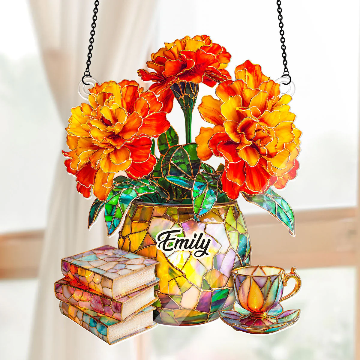 Marigold, Books, And Tea - Personalized Acrylic Suncatcher - Gift For Her, Book Lovers HH01 - Image 6