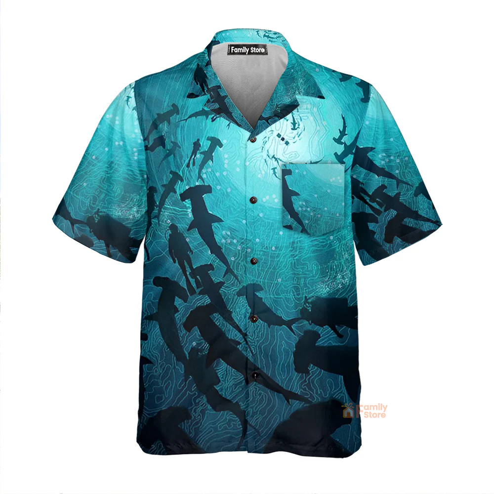 Ocean Themed Marine Life Shark - Chest Pocket Short Sleeve Hawaiian Shirt - Image 2